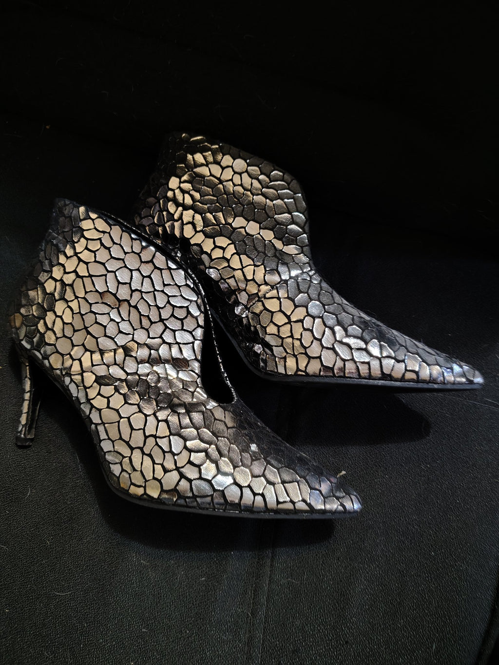 Gold metallic snakeskin stiletto booties, pair