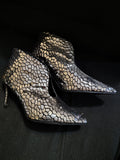 Gold metallic snakeskin stiletto booties, pair