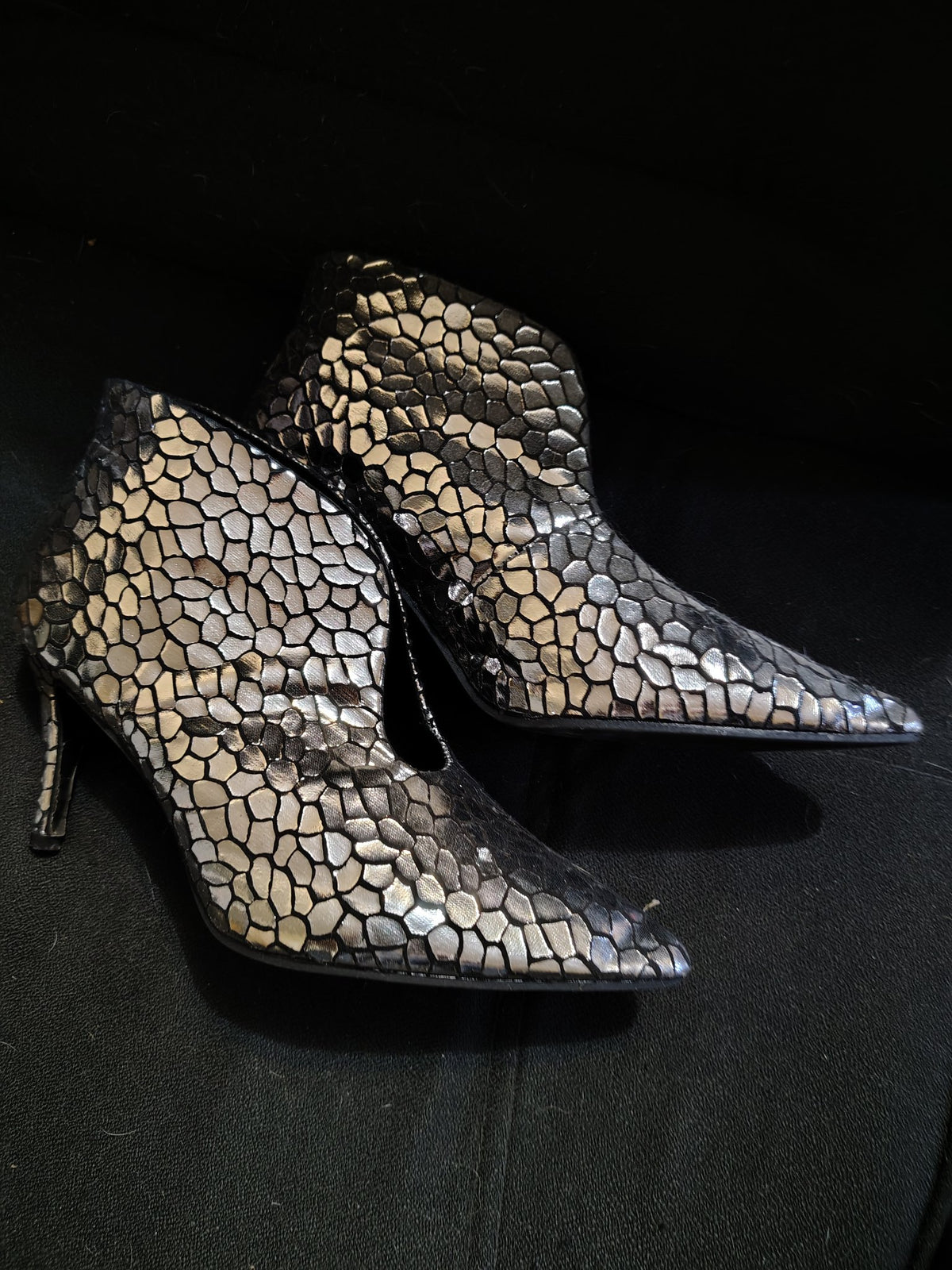 Gold metallic snakeskin stiletto booties, pair